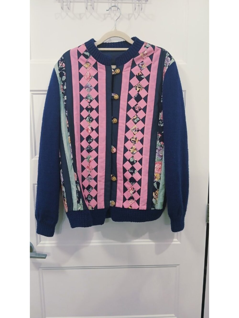 Handmade Vintage Patchwork Quilted Jacket Navy Pink Floral Knit Sleeve Cardigan